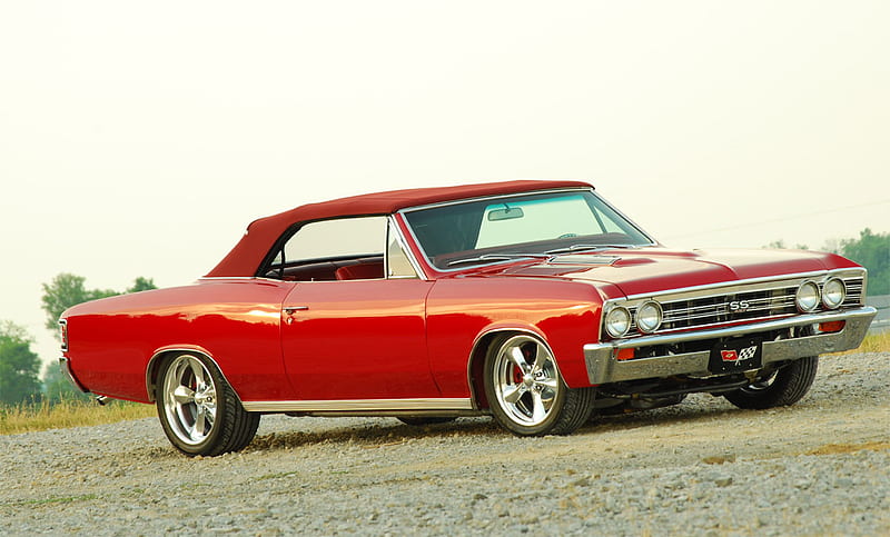 67 Chevelle Conv, red, classic, conv, bowtie, HD wallpaper