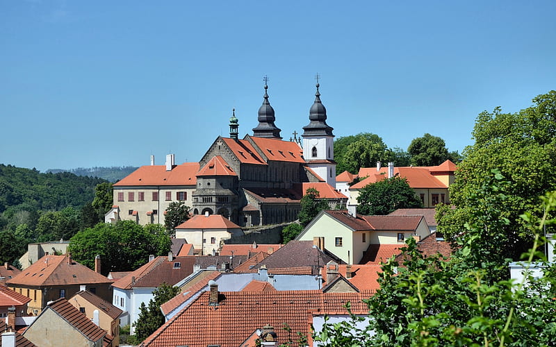 Trebič, Moravia, Czechia, basilica, houses, Czechia, old town, church, HD wallpaper