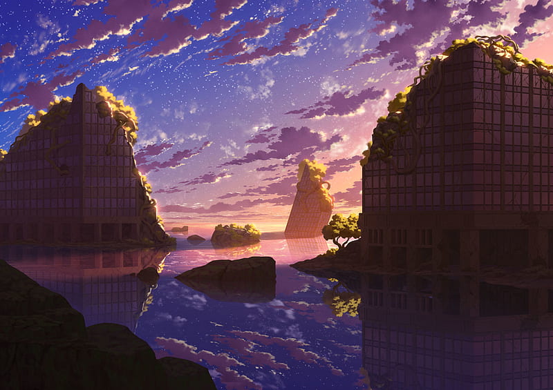 Anime, Original, Post Apocalyptic, Reflection, Ruin, Starry Sky, Sunset, Water, HD wallpaper