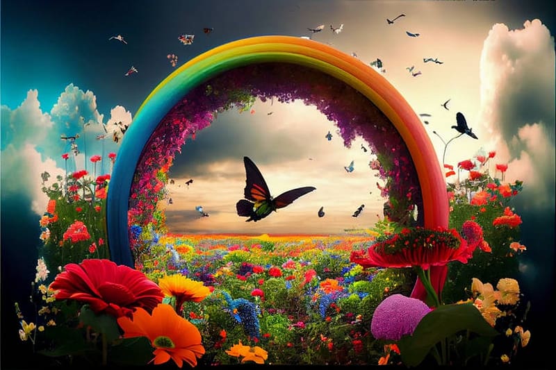Summer garden, Flowers, Rainbow, Arch, Rain, Butterflies, HD wallpaper