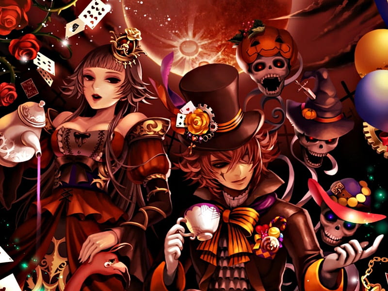 Red Queen and Mad Hatter, manga, man, haraheta, woman, Mad Hatter, ns, anime, Alice in Wonderland, Red Queen, skull, HD wallpaper