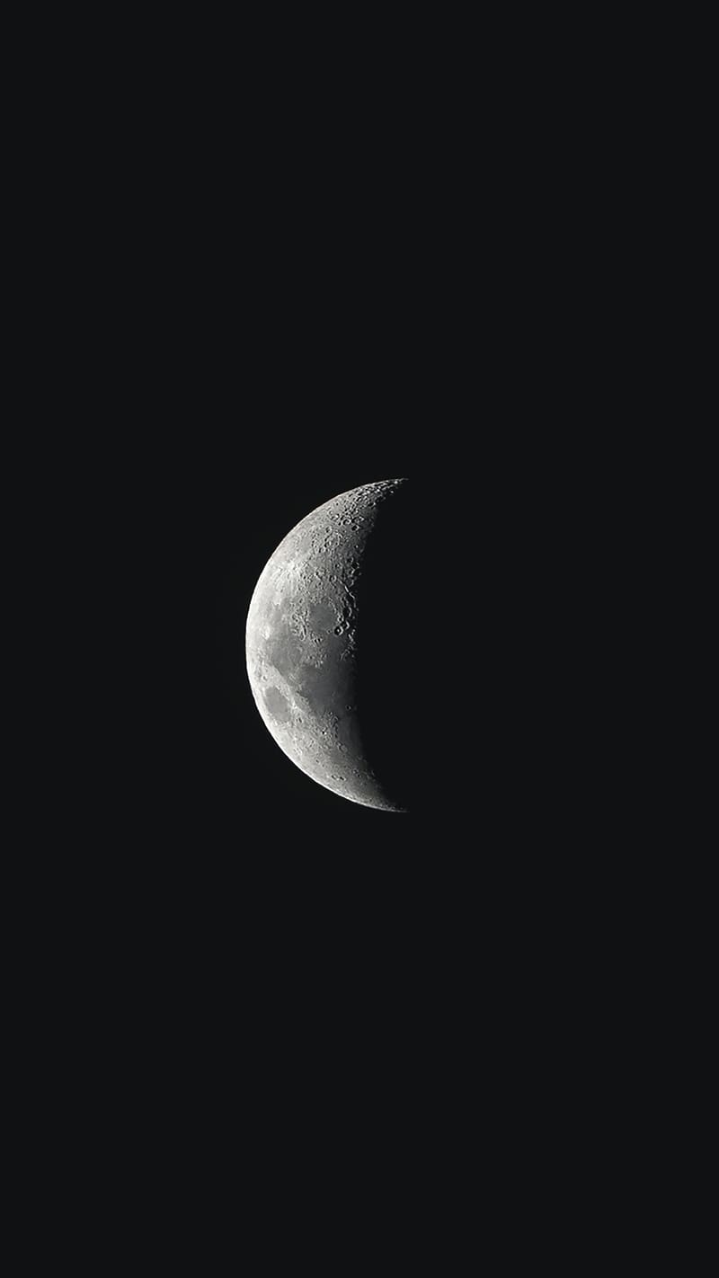 Black Colour Ke, Half Moon, moon, black background, planet, HD phone wallpaper