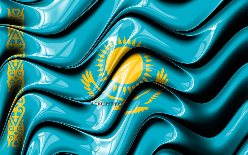 Kazakh flag Europe, national symbols, Flag of Kazakhstan, 3D art, Kazakhstan, European countries, Kazakhstan 3D flag, HD wallpaper