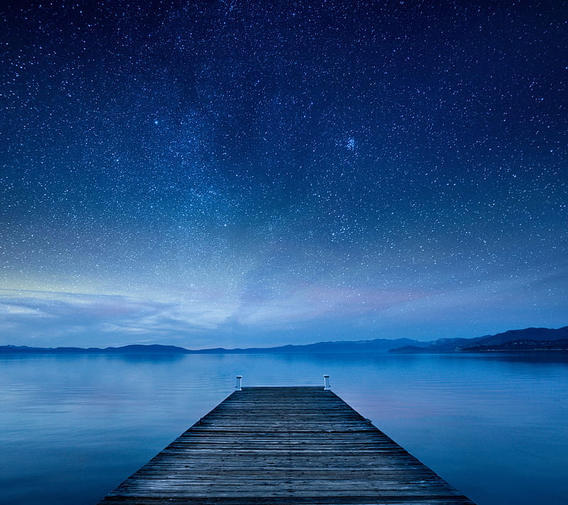 Boardwalk, lake, night, sky, star, water, HD wallpaper