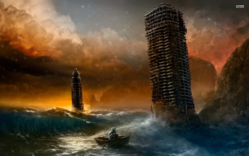 flooded city, ruins, flood, city, boat, HD wallpaper