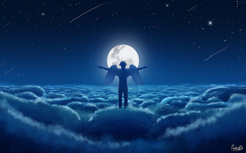 Moonlight Calling, stars, boy, wings, moon, shooting stars, angel, sky, clouds, HD wallpaper