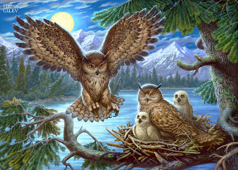 Owl family, family, stepan gilev, owl, luminos, moon, baby, moon, bird, nest, green, pasari, chicks, night, blue, HD wallpaper
