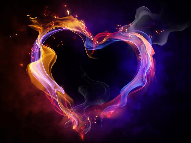 HEARTS AFLAME, fire, purple, flames, romance, love, valentine, corazones, smoke, HD wallpaper