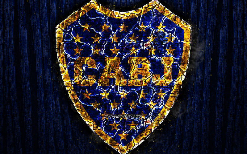 CA Boca Juniors, scorched logo, CABJ, Argentine Primera Division, blue wooden background, Argentinean football club, Argentine Superleague, grunge, Boca Juniors FC, soccer, Boca Juniors logo, Argentina, HD wallpaper