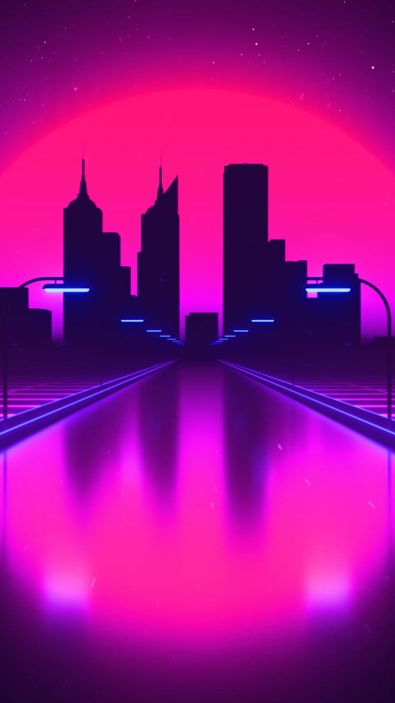 neon purple, city, moon, nostalgia, retro, sun, sunset, synthwave, vaporwave, vintage, HD phone wallpaper