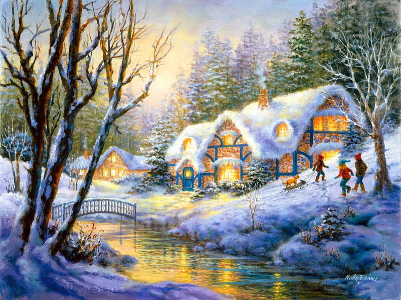 Winter fairytale, stream, pretty, colorful, house, glow, cottage, children, bonito, lights, nice, painting, river, reflection, kids, frost, rink, calmness, lovely, holiday, decoration, fun, creek, sky, joy, trees, santa, serenity, vilalge, peaceful, day, frozen, gifts, HD wallpaper