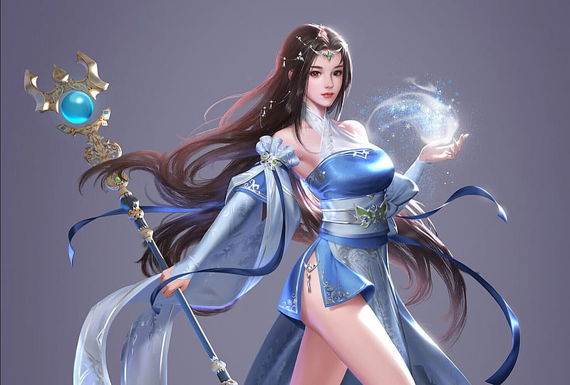 Fantasy girl, luminos, girl, ziang lee, frumusete, fantasy, blue, HD wallpaper