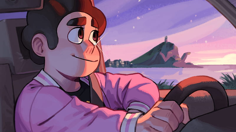 Steven Universe Steven Driving Car With Background Of Mountain And Purple Sky Movies, HD wallpaper