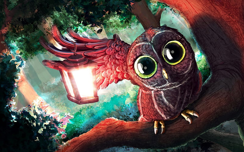 owl, lantern, forest, art, birds, HD wallpaper