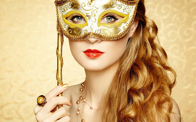 Golden Mask, gorgeous faces, golden, blonde, beauty, mask, woman, HD wallpaper
