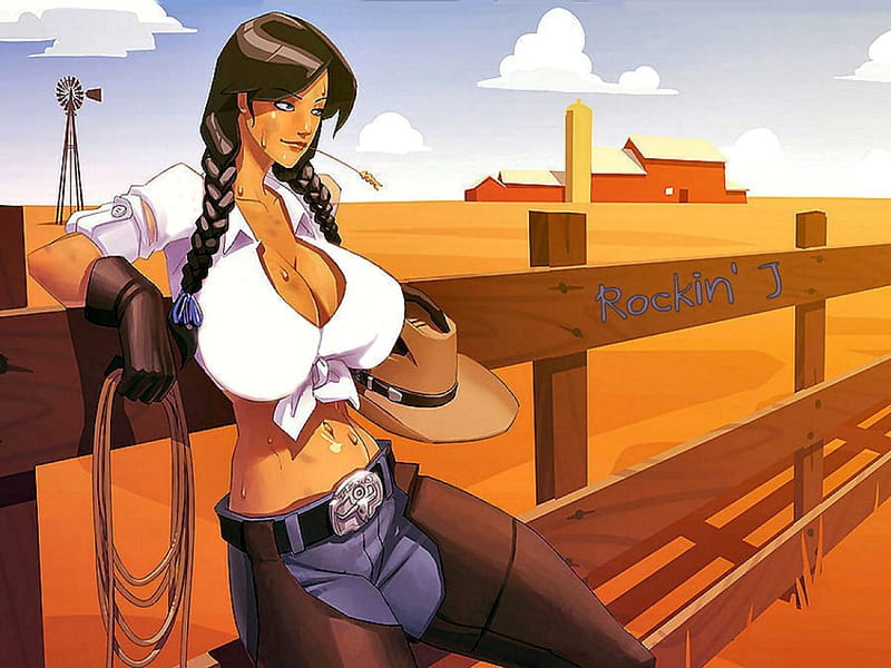 Texas Cowgirl, art, female, westerns, hats, windmills, chaps, ranch, fun, rodeo, fences, animation, cowgirls, drawing, HD wallpaper