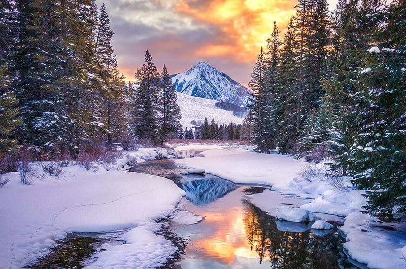 Winter sunrise reflections in Colorado, trees, snow, mountains, water, colors, sky, HD wallpaper