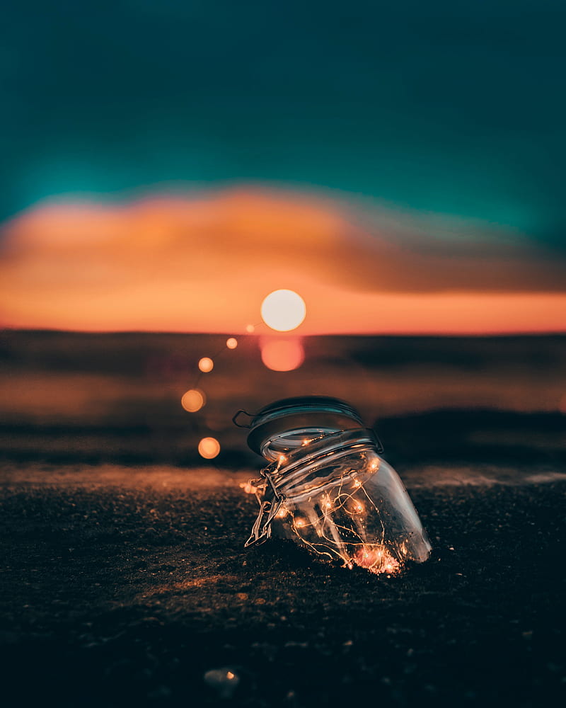 garland, jar, glow, glare, horizon, sunset, HD phone wallpaper