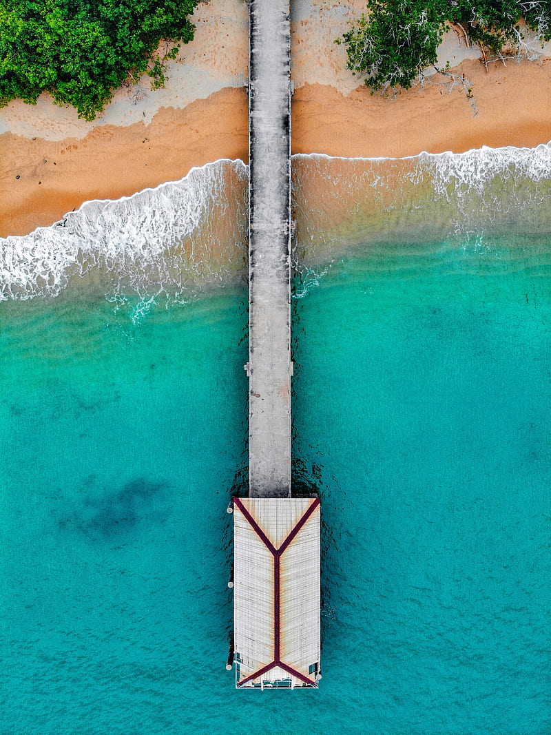 bungalow, pier, aerial view, sea, HD phone wallpaper