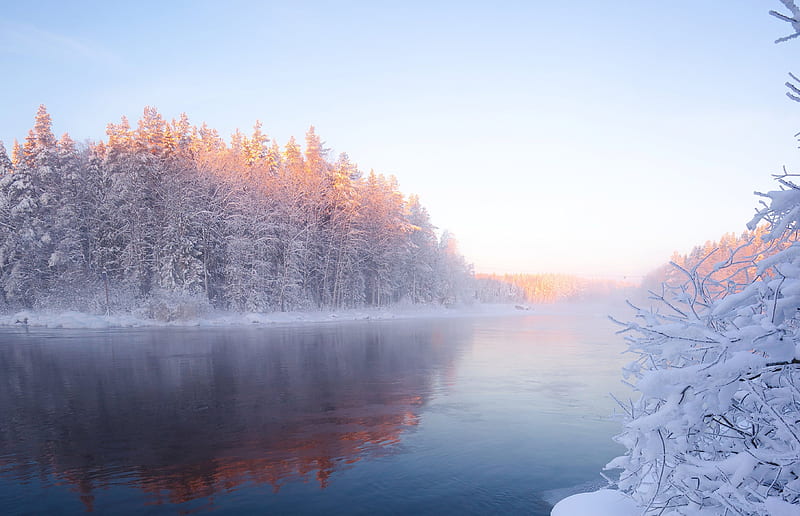 Cold morning in Eastern Finland, river, snow, trees, ice, sunrise, mist, HD wallpaper