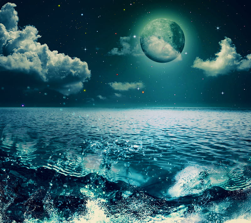 Moonlight, moonshine, nature, night, sea, water, waves, HD wallpaper