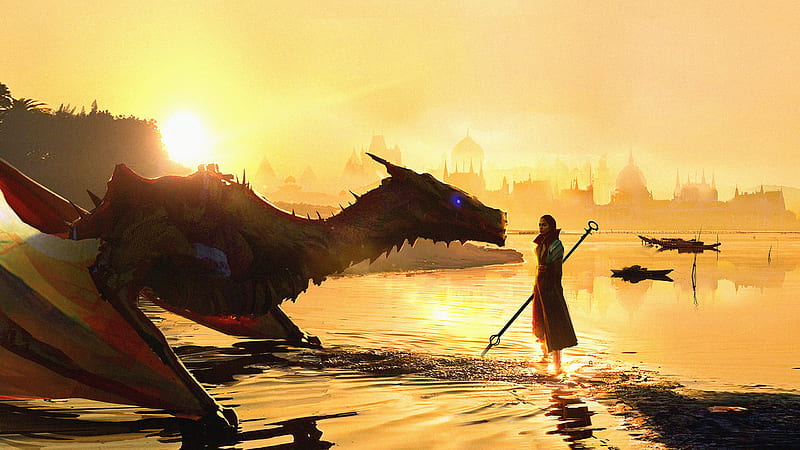 Dragon Shaman Sunset, dragon, artist, artwork, digital-art, artstation, HD wallpaper