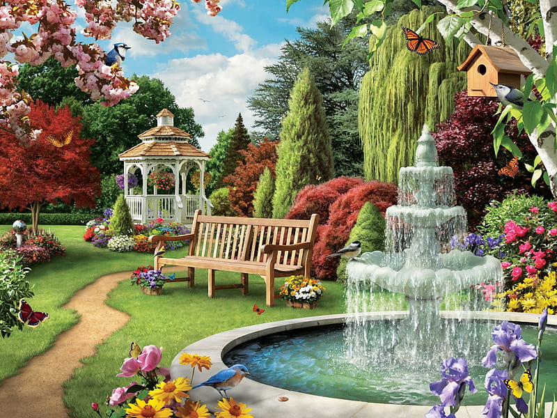 Make a wish, art, fountain, park, water, green, painting, summer, pavilion, flower, gardne, gazebo, pictura, HD wallpaper