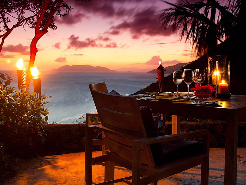 Sunset Table for Two, dinner, sunset, sea, flame, evening, torches, exotic, islands, view, ocean, table for two, candles, paradise, restaurant, dine, island, tropical, HD wallpaper