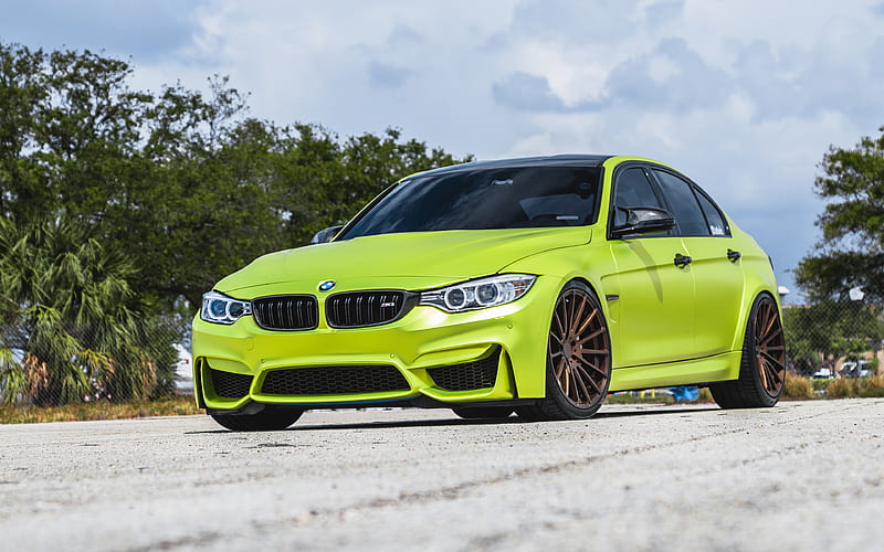 BMW M3, 2018, F80, sports coupe, bright green M3, tuning M3, Velos S15 Forged Wheels, HD wallpaper