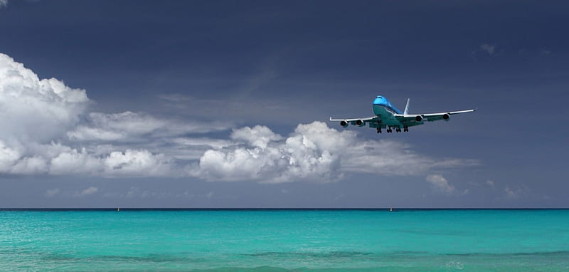 Sint Maarten path, plane, clouds, sea, sint maarten, HD wallpaper