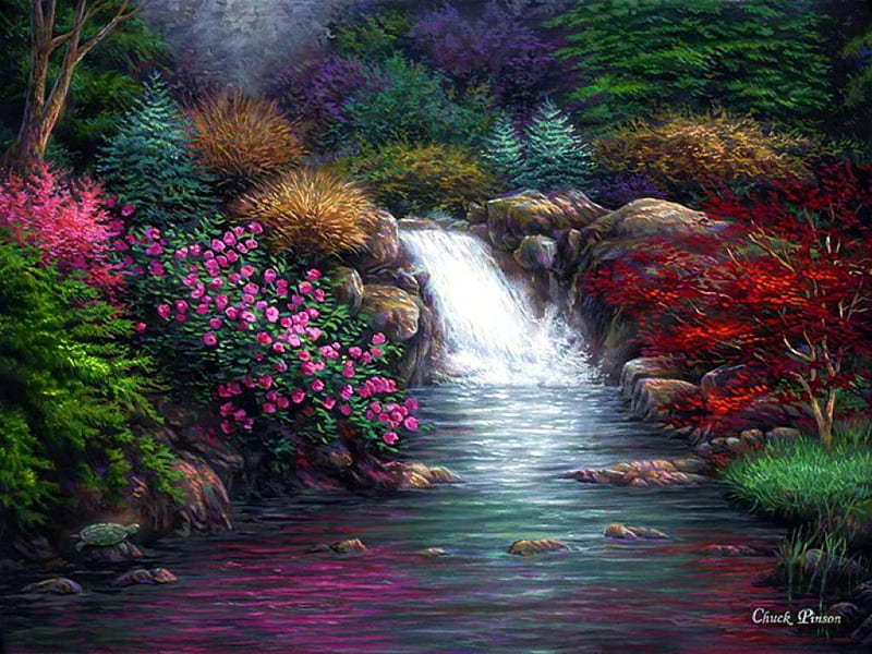 Garden Spring, plants, flowers, waterfall, creek, artwork, HD wallpaper ...