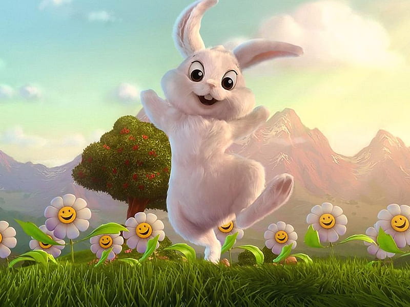 Psychedelic-Rabbit, rabbit, grass, sky, cute, mountain, tree, anime, flower, garden, HD wallpaper