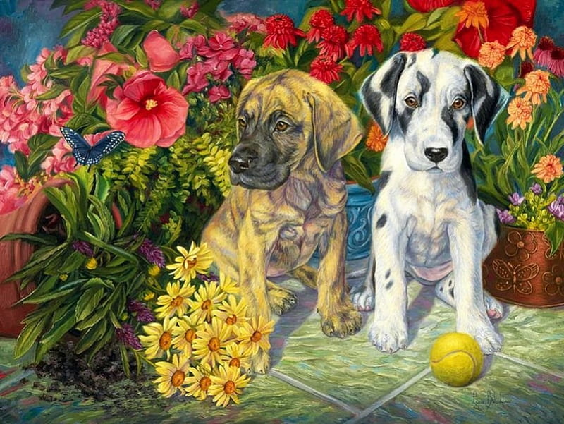 Playful Puppies, ball, painting, flowers, blossoms, garden, artwork, pups, HD wallpaper