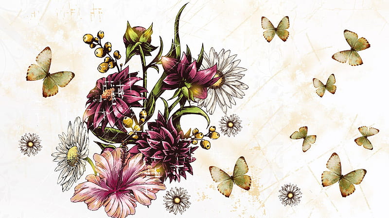 Butterflies At Bouquet With Flowers Floral Summer Composition Poppies  Chamomile Flower Watercolor Stock Illustration - Download Image Now - iStock