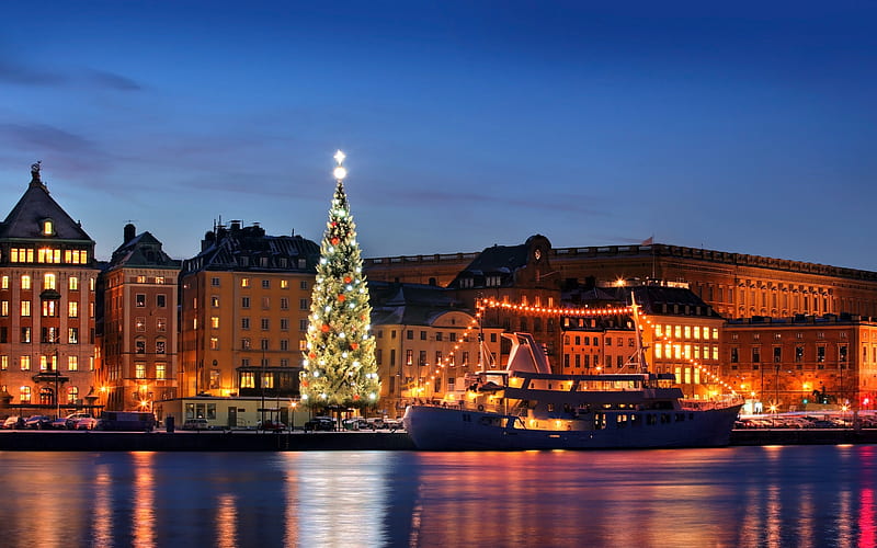 Stockholm, Christmas tree, Sweden, New Year, holiday, HD wallpaper