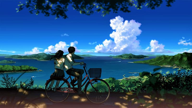 Anime, Landscape, Sky, Mountain, Lake, Couple, Bike, Cloud, Bicycle, Uniform, Original, Scenery, HD wallpaper
