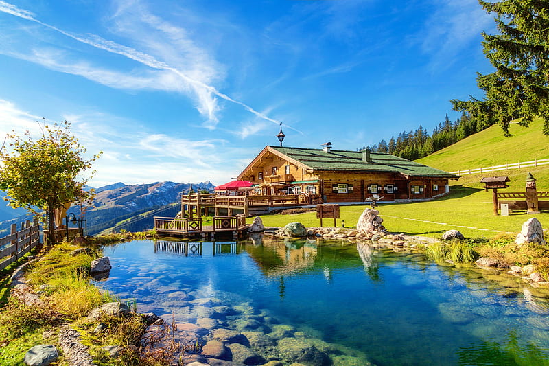 Mountain chalet with simming pond, rest, vacation, chalet, greenery, bonito, sky, lake, pond, mountain, restaurant, swim, summer, landscape, HD wallpaper