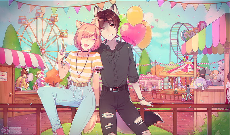 neko, couple, smile, amusement park, happy, anime, HD wallpaper