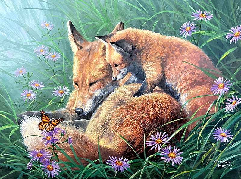 Spring Meadow Playground, pups, family, painting, foxes, flowers, artwork, HD wallpaper