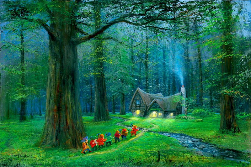 Off to home we go, house, grass, cottage, snow white, woods, home, fairytale, lights, fantasy, painting, path, seven, enchanted, art, forest, greenery, trees, dwarfs, nature, work, HD wallpaper
