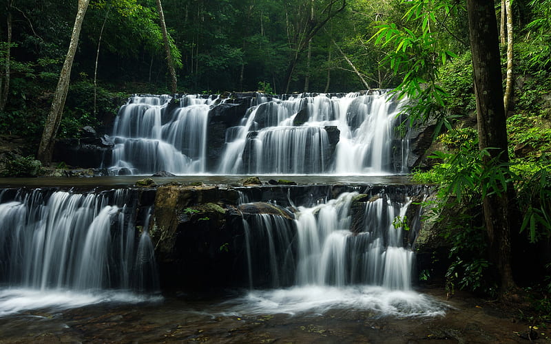 beautiful waterfall, tropical forest, jungle, stream, Sam lan waterfall, Thailand, Namtok Sam Lan National Park, HD wallpaper
