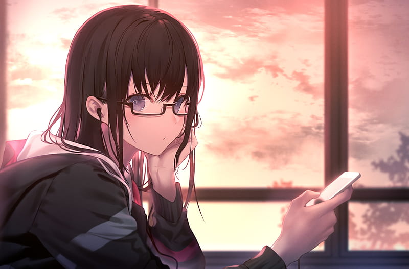 anime girl, earphones, sunset, smartphone, classroom, windows, meganekko, Anime, HD wallpaper