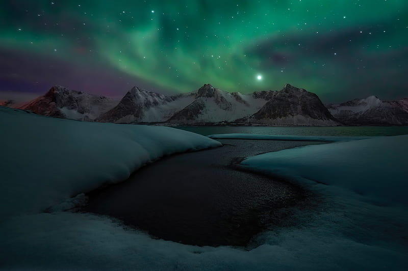 Sea, glacier wall, Arctic at night, landsacpe, northern lights, HD wallpaper