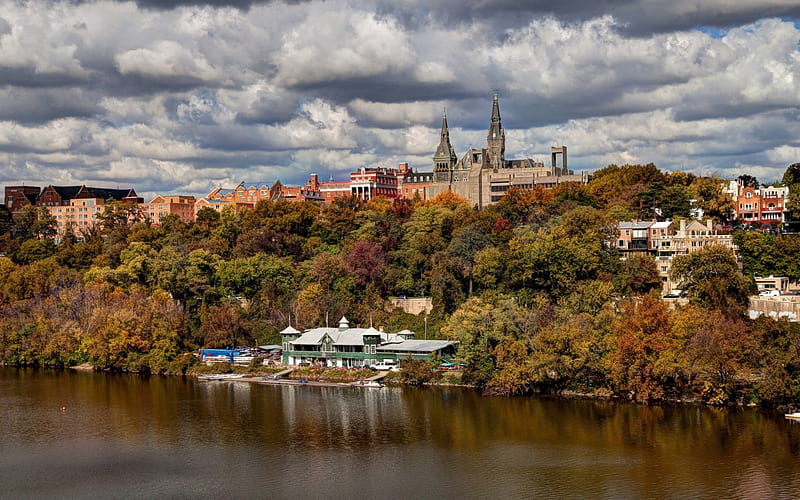 georgetown university on the potomac river, boathouse, river, oniversity, trees, clouds, hill, HD wallpaper