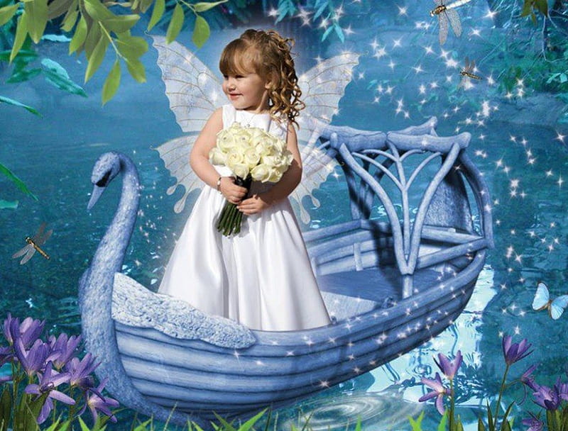 Beautiful Little Angel, white flowers, glitter, butterflies, trees, Small angel wings, boats, flowers, beautiful blue nature, white dress, HD wallpaper