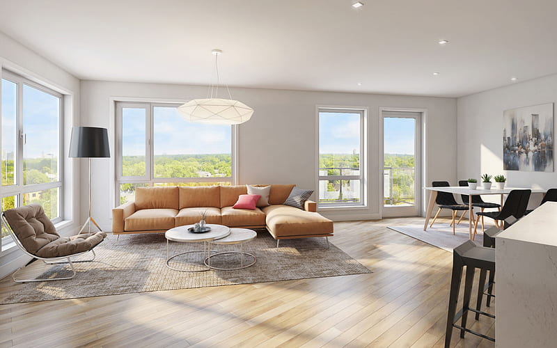 stylish interior design, living room, apartments, minimalism, light wooden floor, modern design for the living room, HD wallpaper