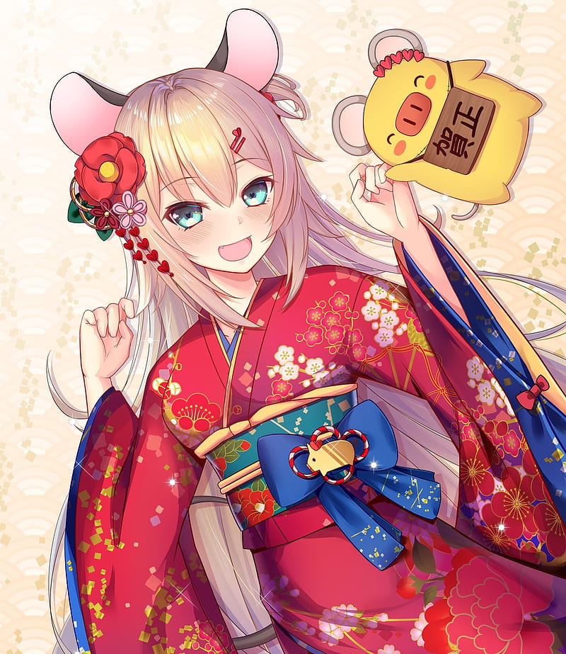 akai haato, hololive, kimono, lying down, animal ears, virtual youtuber, smiling, Anime, HD phone wallpaper