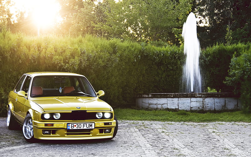 low rider, BMW M3, E30, tuning, BMW 3-Series, yellow m3, stance, BMW, HD wallpaper