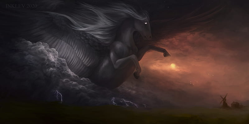 Incoming storm, art, fantasy, cloud, luminos, dark, inklev, storm, horse, cal, HD wallpaper