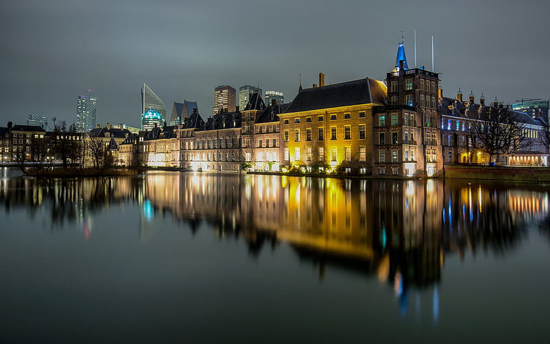 The Hague, Holland, evening, city lights, embankment, cityscape, Netherlands, HD wallpaper